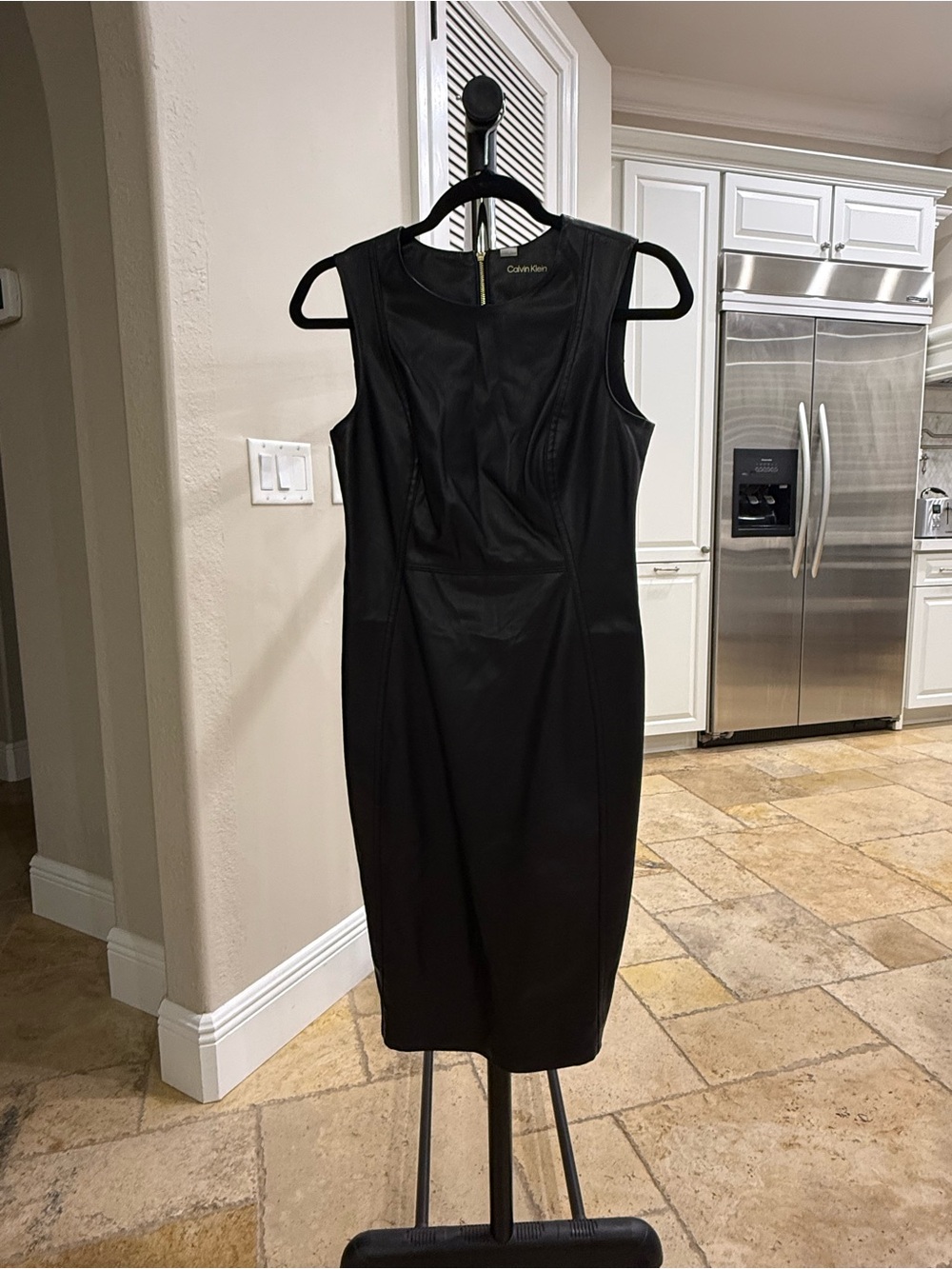 Calvin Klein Black Faux Leather Sleeveless Sheath Dress